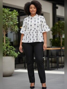 Feminine Bow Print Ruffle Sleeve Peplum Blouse NWOT